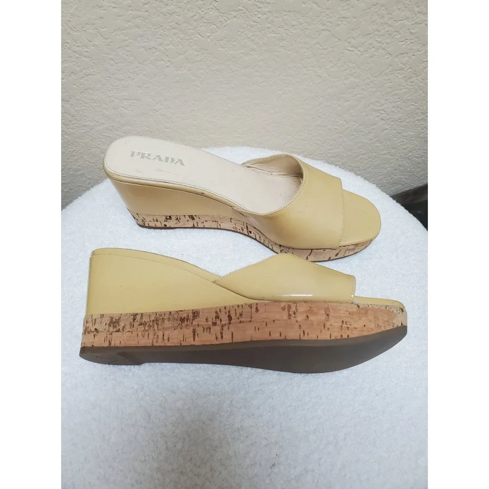 Vintage Prada nude patent leather slip-on wedge‎ sandals, size 37.5 (women's),